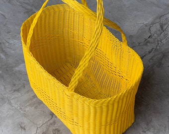 Plain Yellow Woven Guatemalan Yellow Plastic Market Basket Strong Resistant Bag Bright Colors