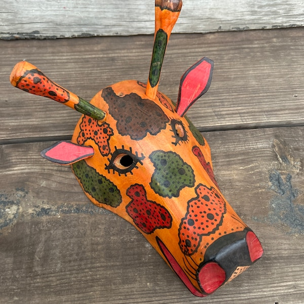 African Brown Orange Giraffe Mask Hand-Carved Hand-Painted from Guatemala - Handcraft Guatemala  - Handcarved Wooden Mask