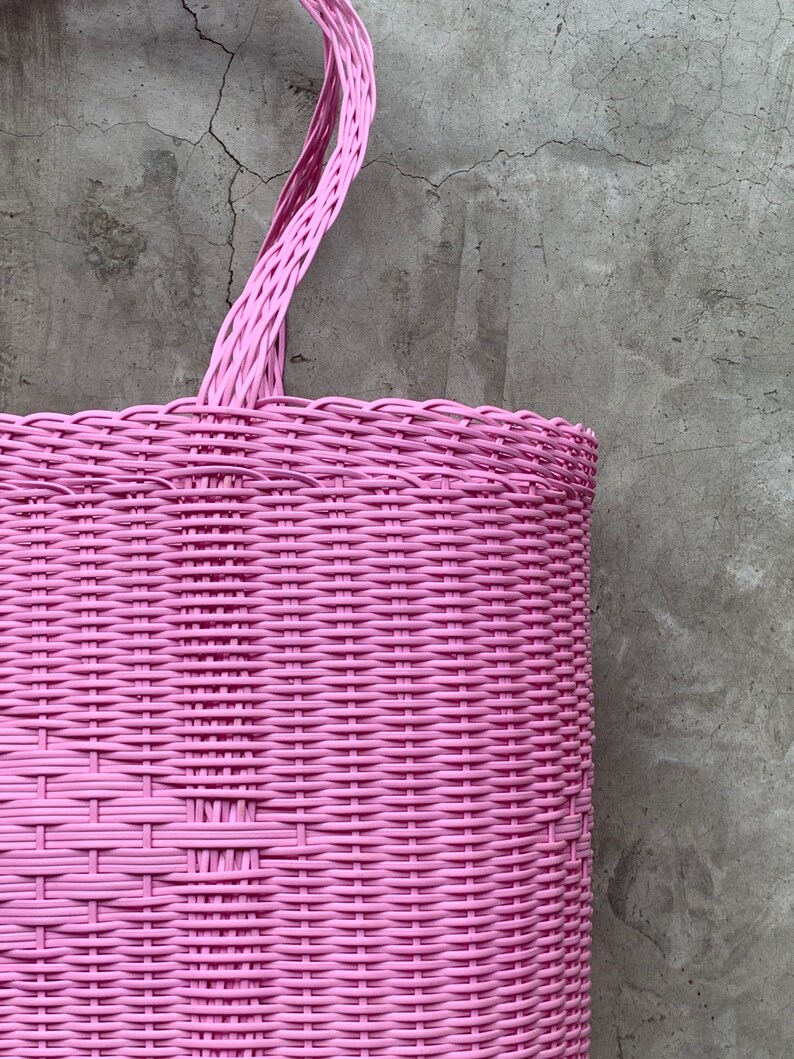 Bubble Gum Pink Beach Woven Guatemalan Plastic Market Basket Strong Resistant Bag Bright Colors