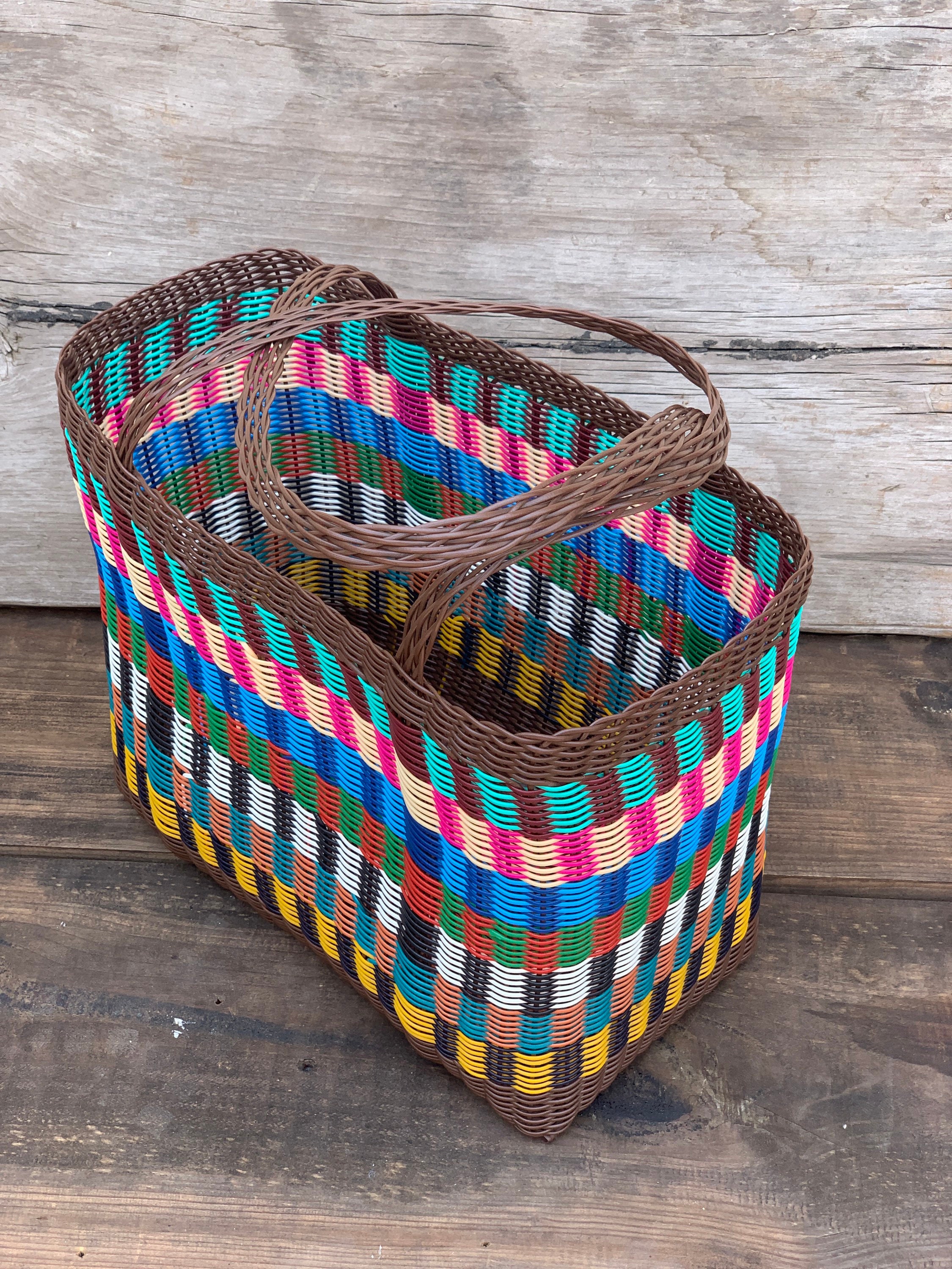Picnic Basket Woven Guatemalan Chocolate Brown Mosaic Plastic Etsy