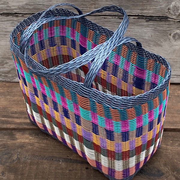 Metallic Blue Picnic Woven Guatemalan Mosaic Plastic Market Basket Strong Resistant Bag Bright Colors