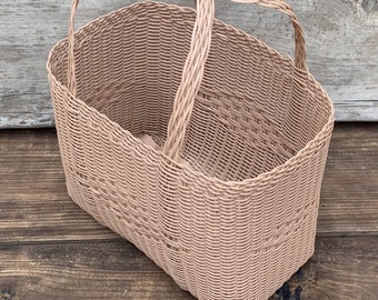 SMALL BASKET Solid Caramel Beige Picnic Woven Guatemalan Plastic Market Basket Strong Resistant Bag Bright Colors