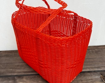 SMALL BASKET Transparent Orange Picnic Woven Guatemalan Plastic Market Basket Strong Resistant Bag Bright Colors