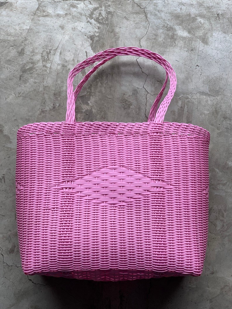 Bubble Gum Pink Beach Woven Guatemalan Plastic Market Basket Strong Resistant Bag Bright Colors