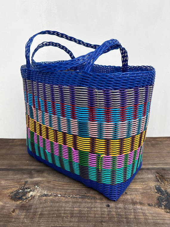 Woven Guatemalan Blue Mosaic Plastic Market Basket Strong