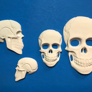 Set of 4 Skull Blanks – Paintable Flat Skulls / Gothic Skull Art Pieces / Spooky Mixed Media Skulls – DIY Painting Project