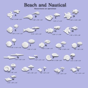 May include: A collection of white, unpainted ceramic beach and nautical themed shapes labeled A through W. Each item is displayed with its corresponding letter and specific dimensions in inches, including sea turtles, fish, and various seashells.