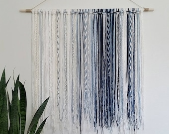 Tapestry, Bohemian Yarn Tapestry, Yarn Wall Hanging, Blue, Cream, White, Watercolor Tapestry