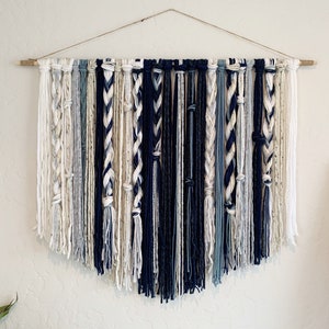 Yarn Wall Art, Tapestry, Yarn Tapestry, Yarn Wall Hanging, Blue, Ivory, White, Watercolor Tapestry