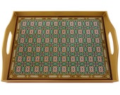 Vintage ottoman tray - Oriental Blue Cross - Rectangular Hand Painted Glass Tray with Gold Aluminium Frame
