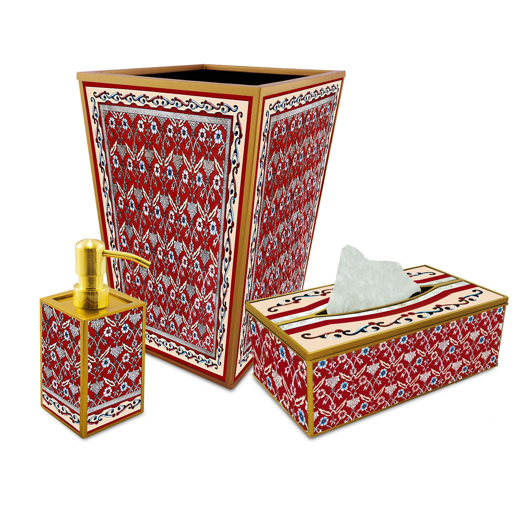 Accessoires Pour Salle de Bains - Fleurs Persannes Rouges Classique Ensemble Poubelle, Boite à Mouch