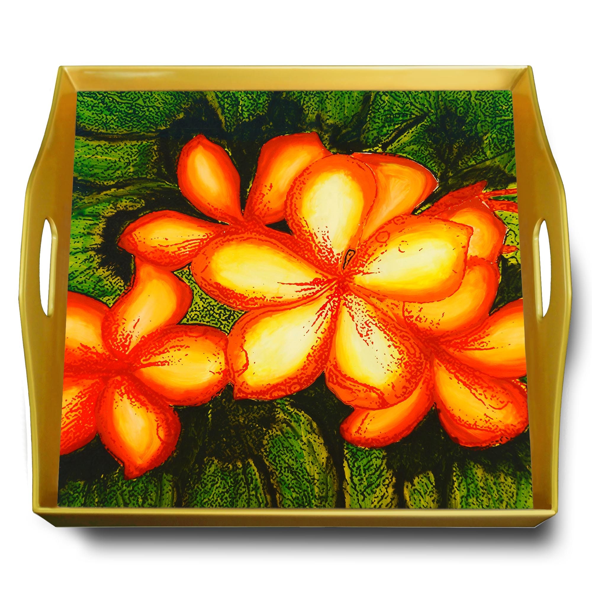 Plateau Apero - Décor Jungle avec Grandes Feuilles Verdes Plateau Carré en Fixé Sous Verre Structure