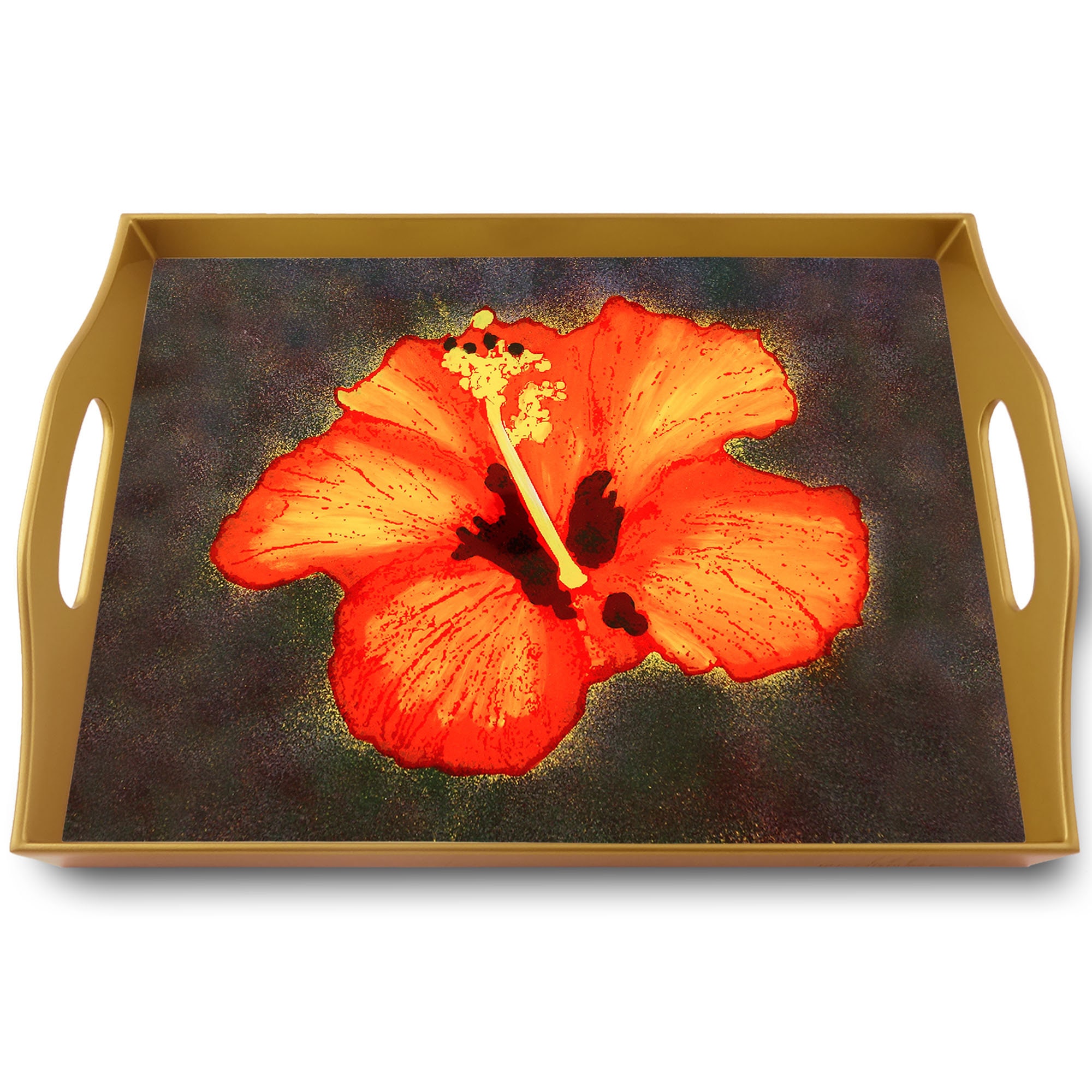 Plateau Apéritif - Grande Fleur avec Pistil Orange Plateau Rectangulaire en Fixé Sous Verre Structur