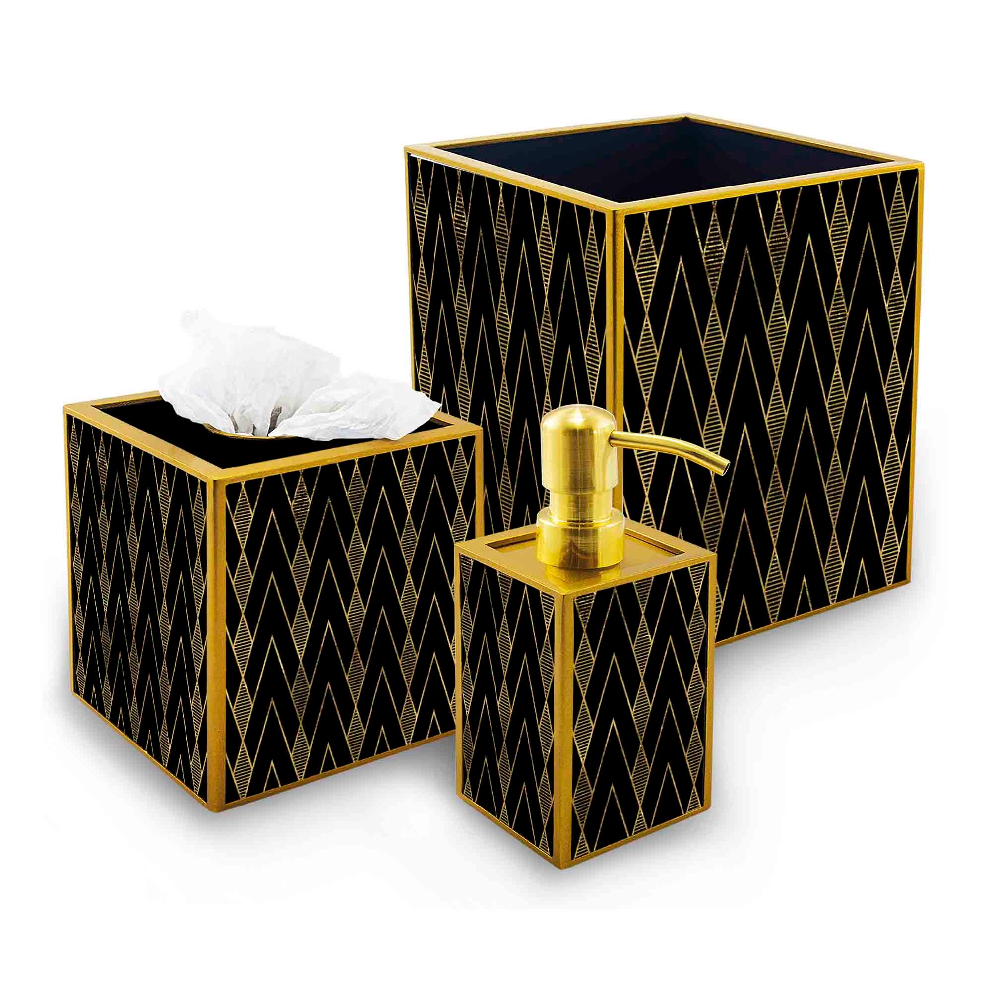 Set Pour Salle de Bains - Lignes Dorées sur Fond Noir Distributeur Savon, Boîte à Mouchoirs, Petite 
