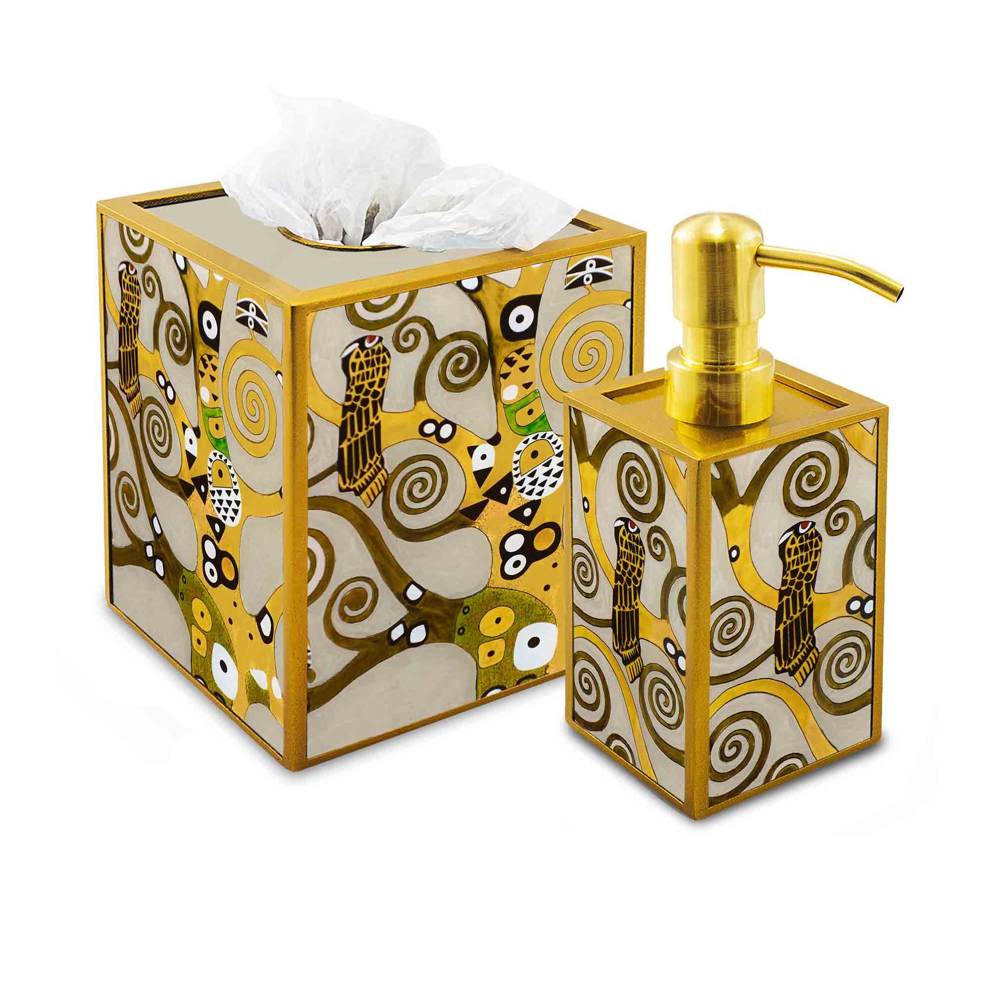 Set Pour Salle de Bains - L'arbre Vie Gustav Klimt Ensemble Bains Cache à Mouchoirs et Distributeur 