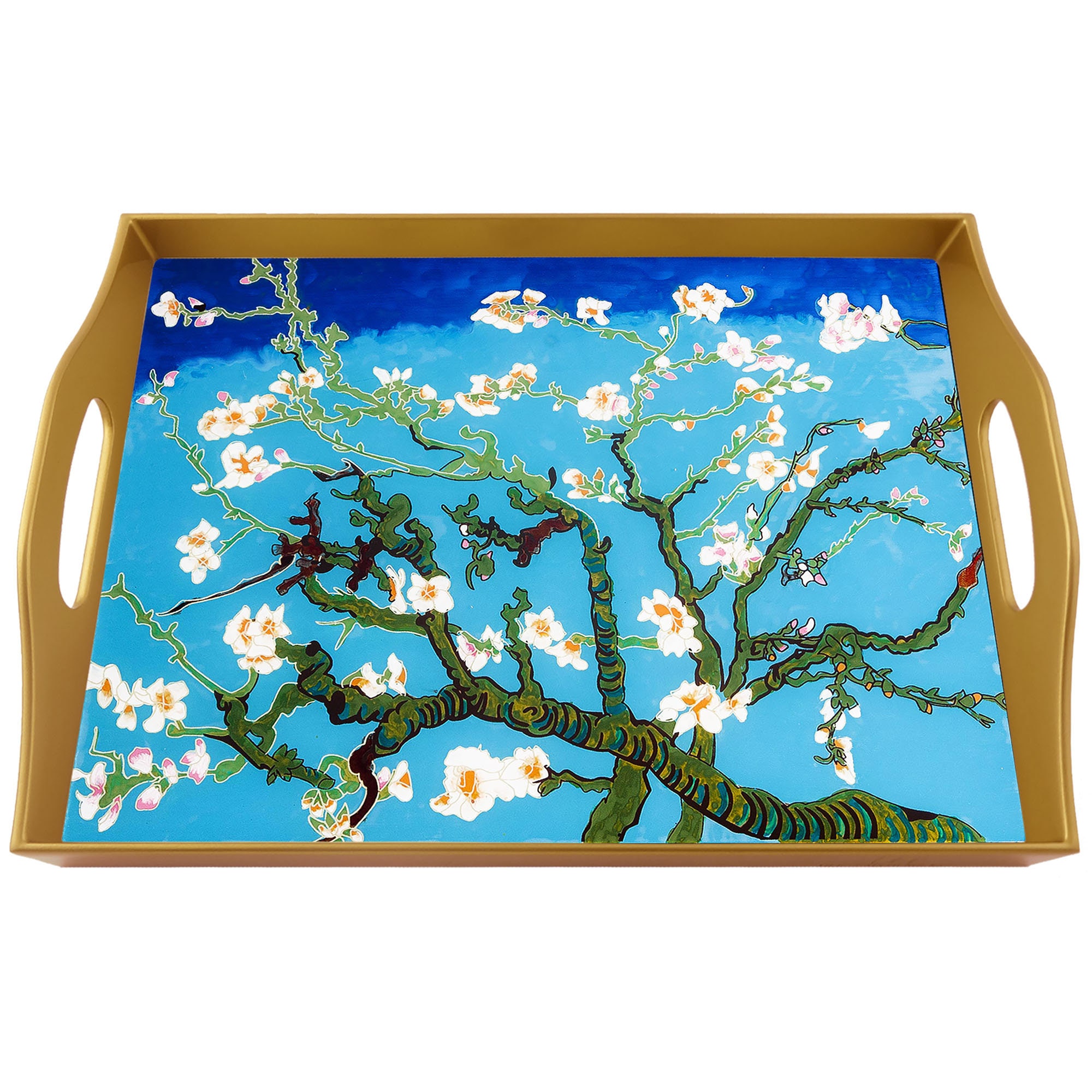 Plateau Verre - Amandier en Fleurs Van Gogh Plateau Rectangulaire Fixé Sous Verre avec Structure d'a