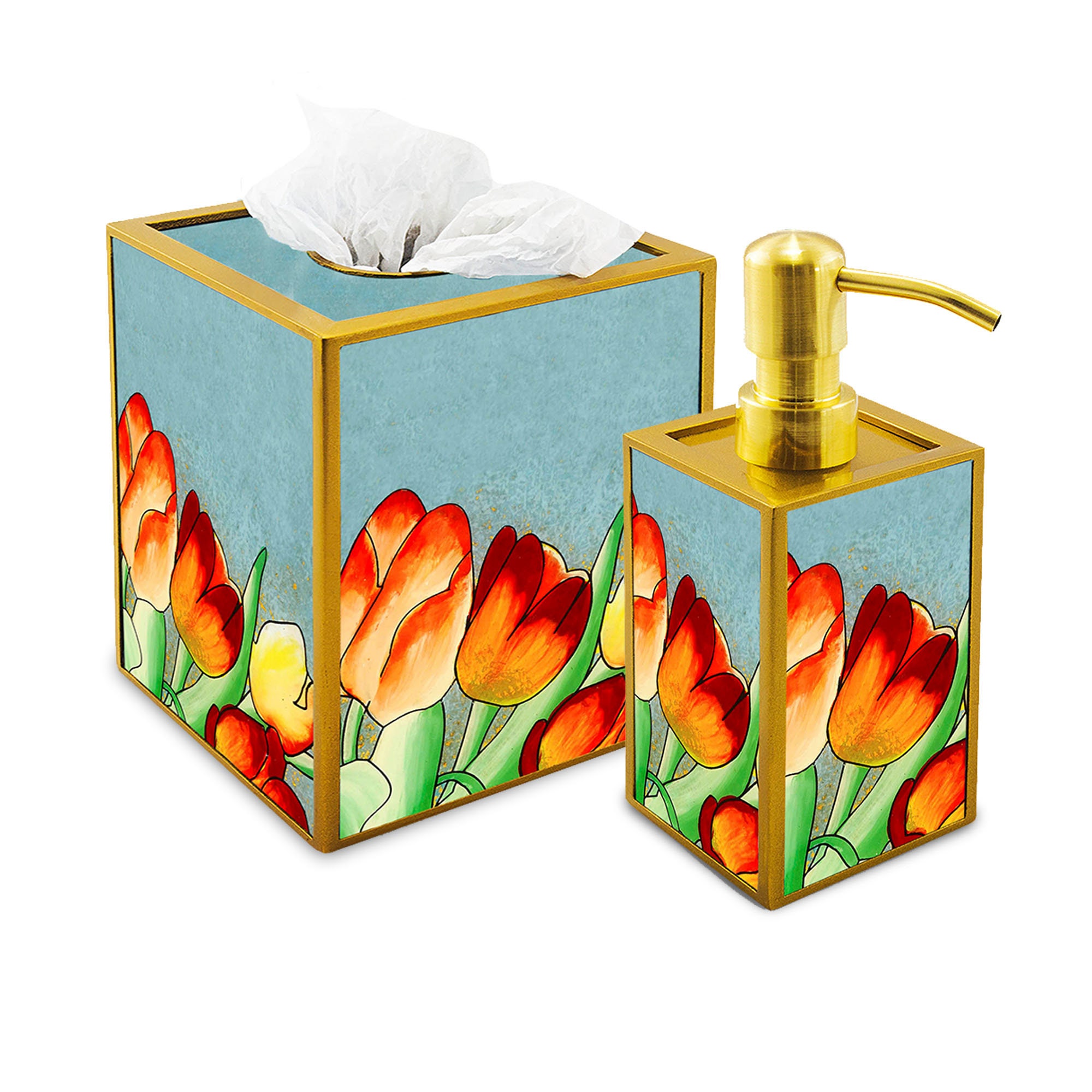 Set Pour Salle de Bains - Bouquet Tulipes Coloré Ensemble Bains Cache à Mouchoirs et Distributeur Sa