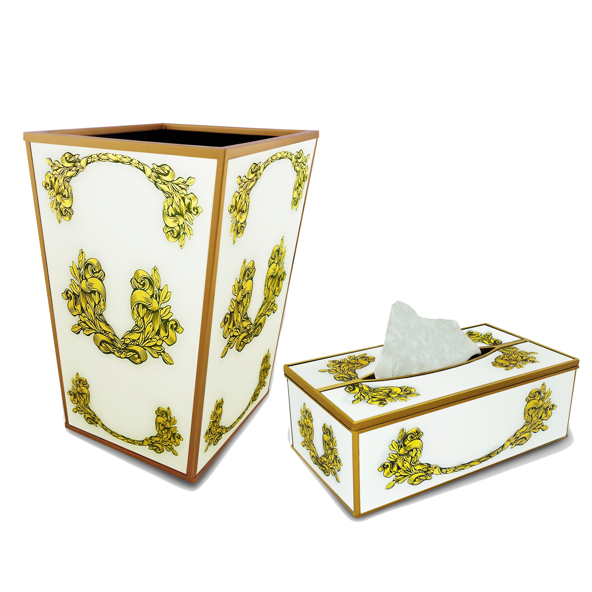 Bundle Waste Basket & Tissue Box - White & Gold Classic Empire Style