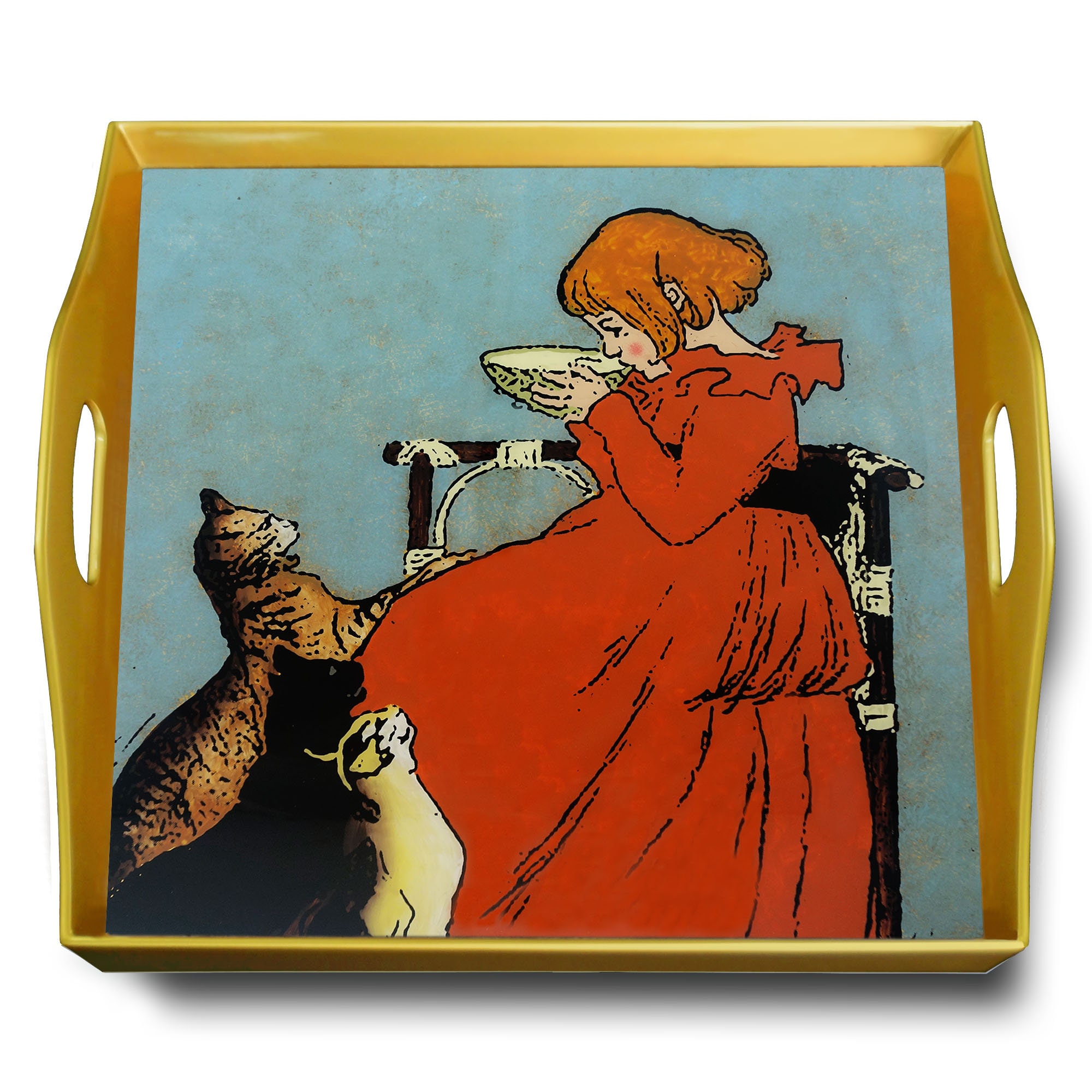 Plateau de Fromage - Jeune Fille Buvant Du Lait avec Chats Plateau Carré en Fixé Sous Verre Structur