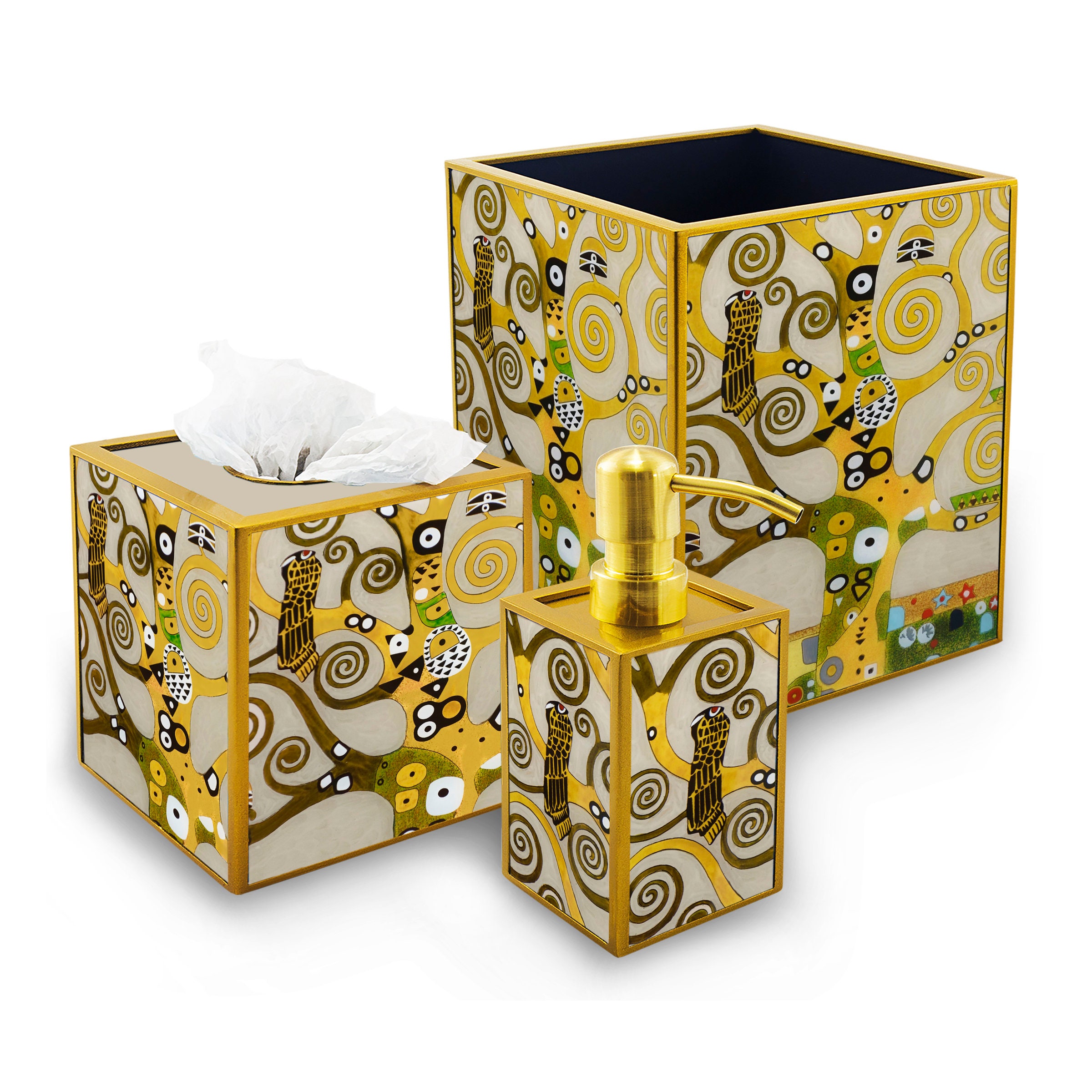 Set Pour Salle de Bains - L'arbre Vie Gustav Klimt Distributeur Savon, Boîte à Mouchoirs, Petite Pou