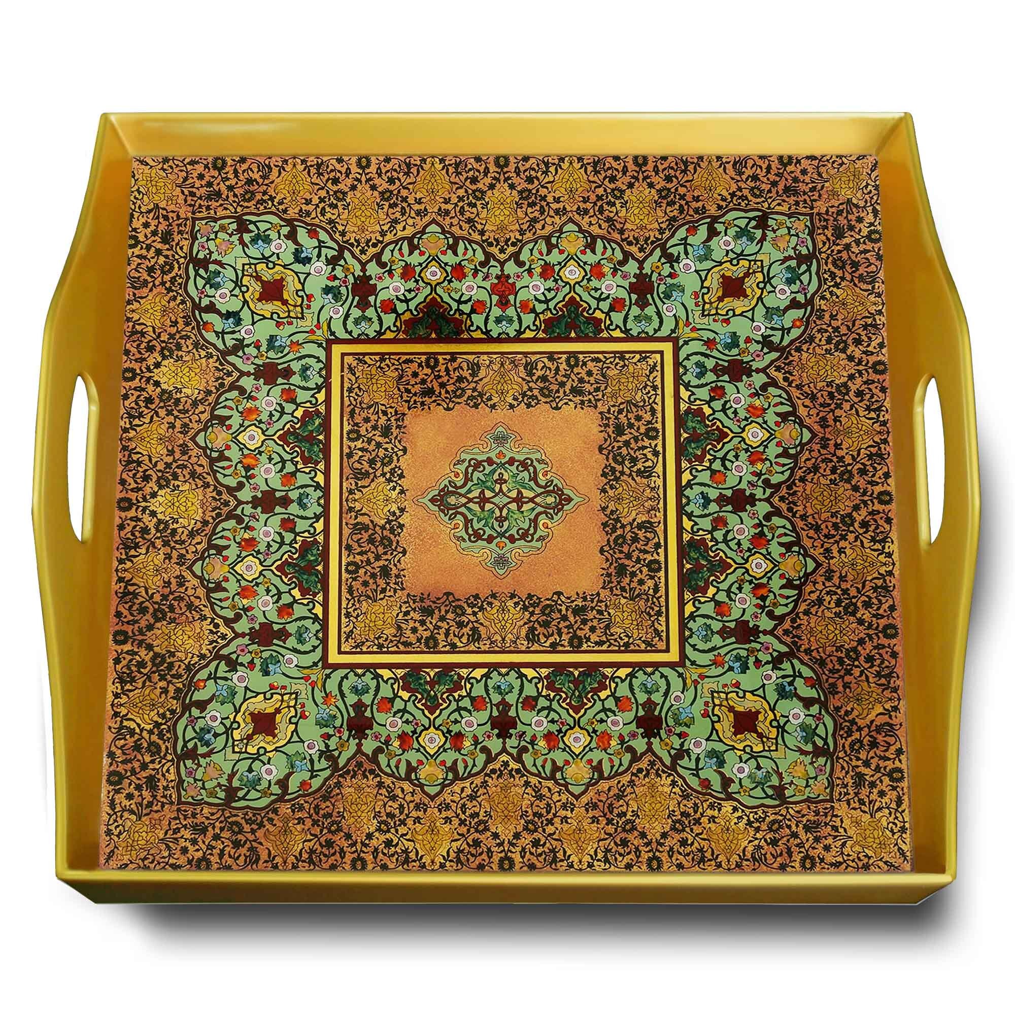 Plateau Déjeuner - Design Classique Perse Plateau Carré en Fixé Sous Verre avec Structure d'aluminiu