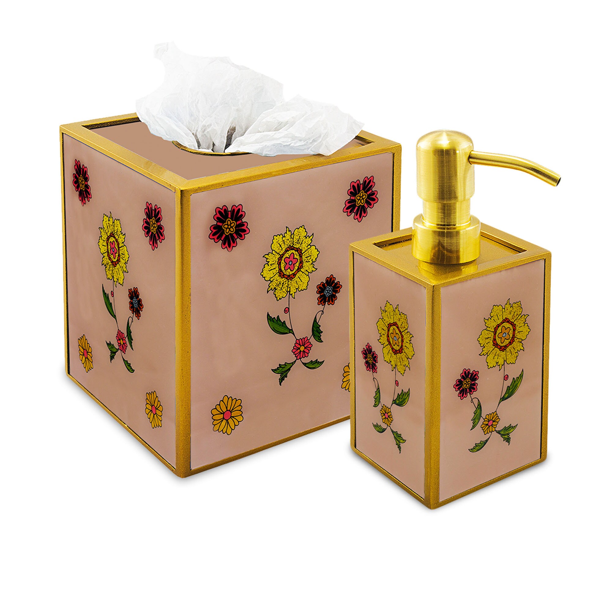 Set Pour Salle de Bains - Feuilles Houx Dorées sur Fond Vieux Rose Ensemble Cache à Mouchoirs et Dis