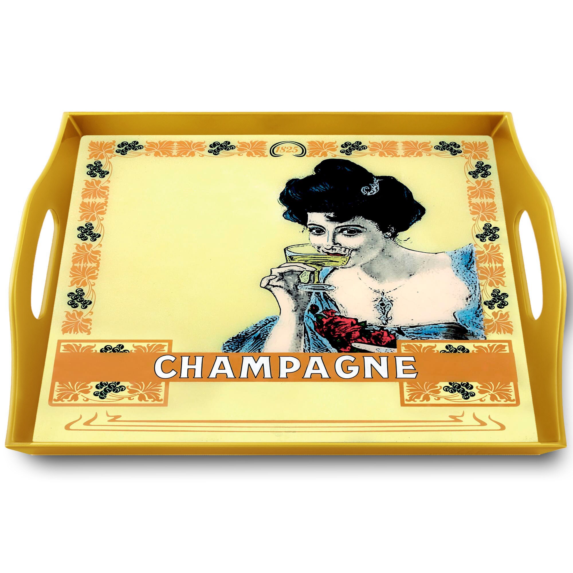 Plateau Tv - Femme Buvant Une Coupe de Champagne Plateau Rectangulaire en Fixé Sous Verre avec Struc