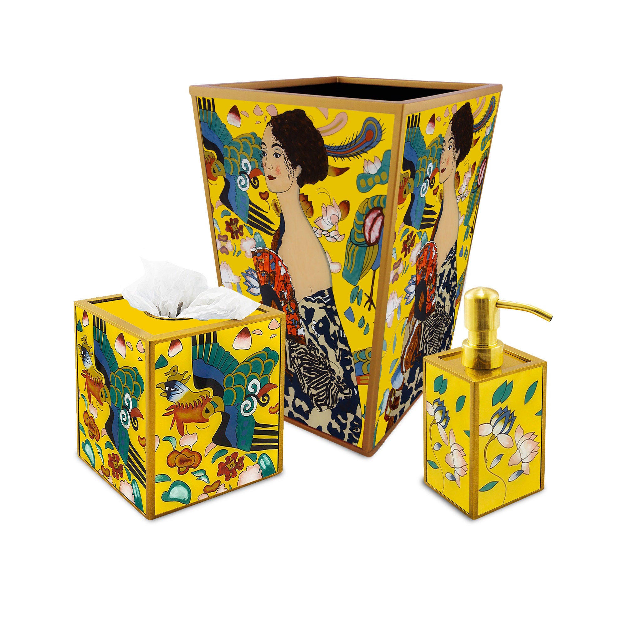 Accessoires Salle de Bains - Femme à L'éventail Gustav Klimt Ensemble Poubelle, Boite Mouchoirs Carr