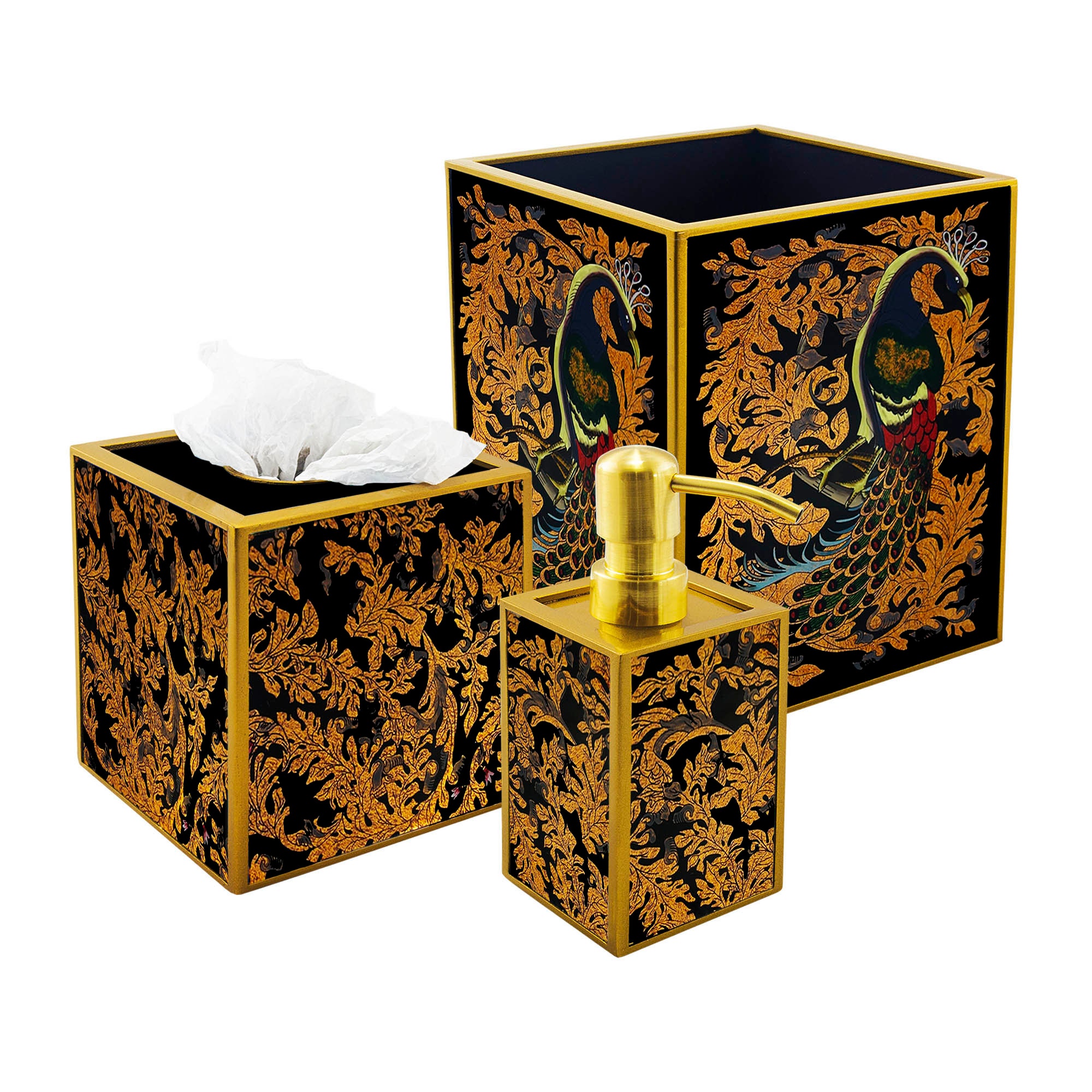 Accessoires Pour Salle de Bains - Paon avec Feuilles Dorées et Fond Noir Distributeur Savon, Boîte à