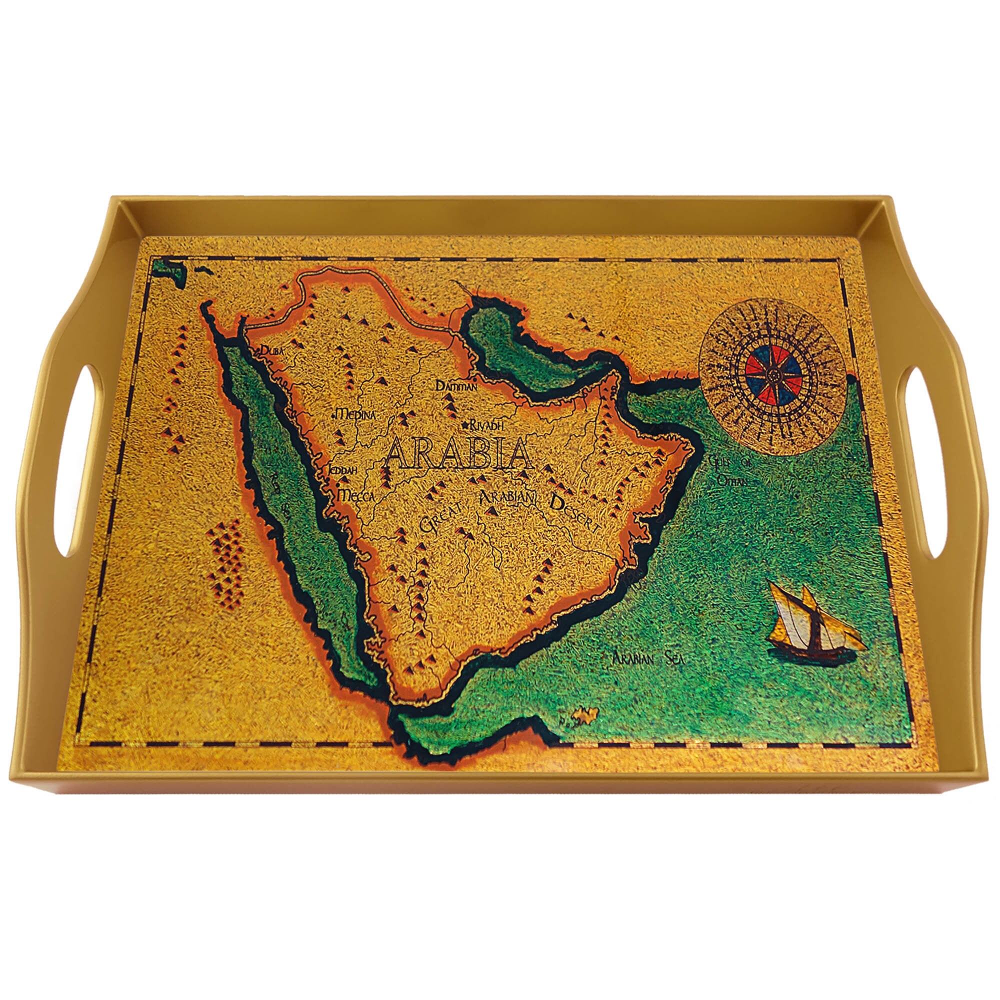 Plateau en Verre - Carte Ancienne Arabie Saoudite Boussole et Navire Plateau Rectangulaire en Fixé S