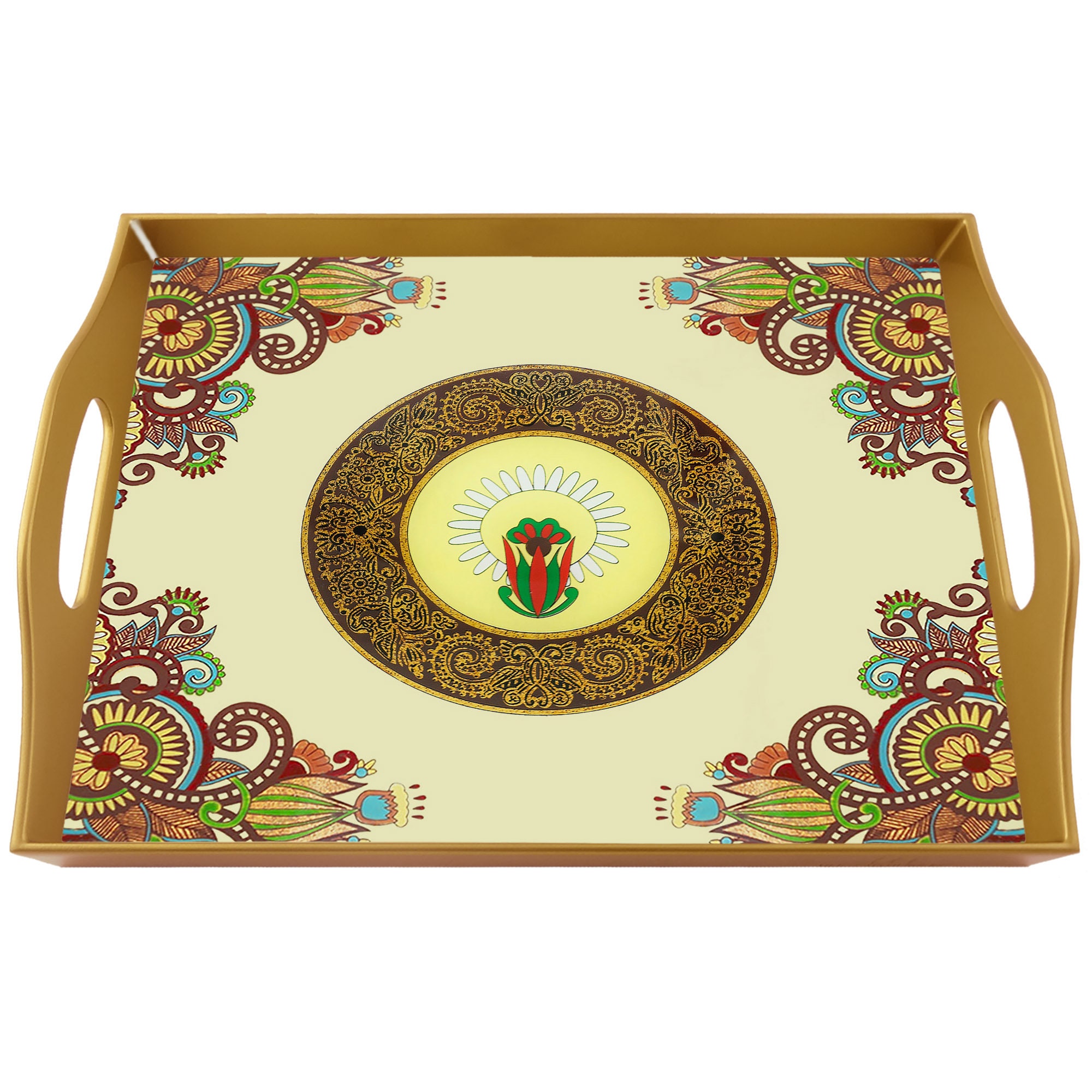 Plateau Déjeuner - Fleurs Colorées Style Traditionnel Russe Plateau Rectangulaire en Fixé Sous Verre