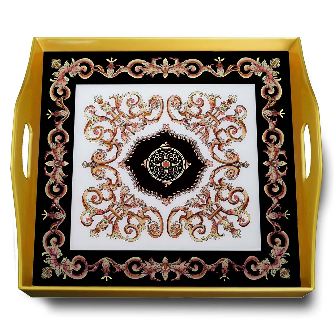 Glass Serving Board Classic Empire Black and White Design Square Hand