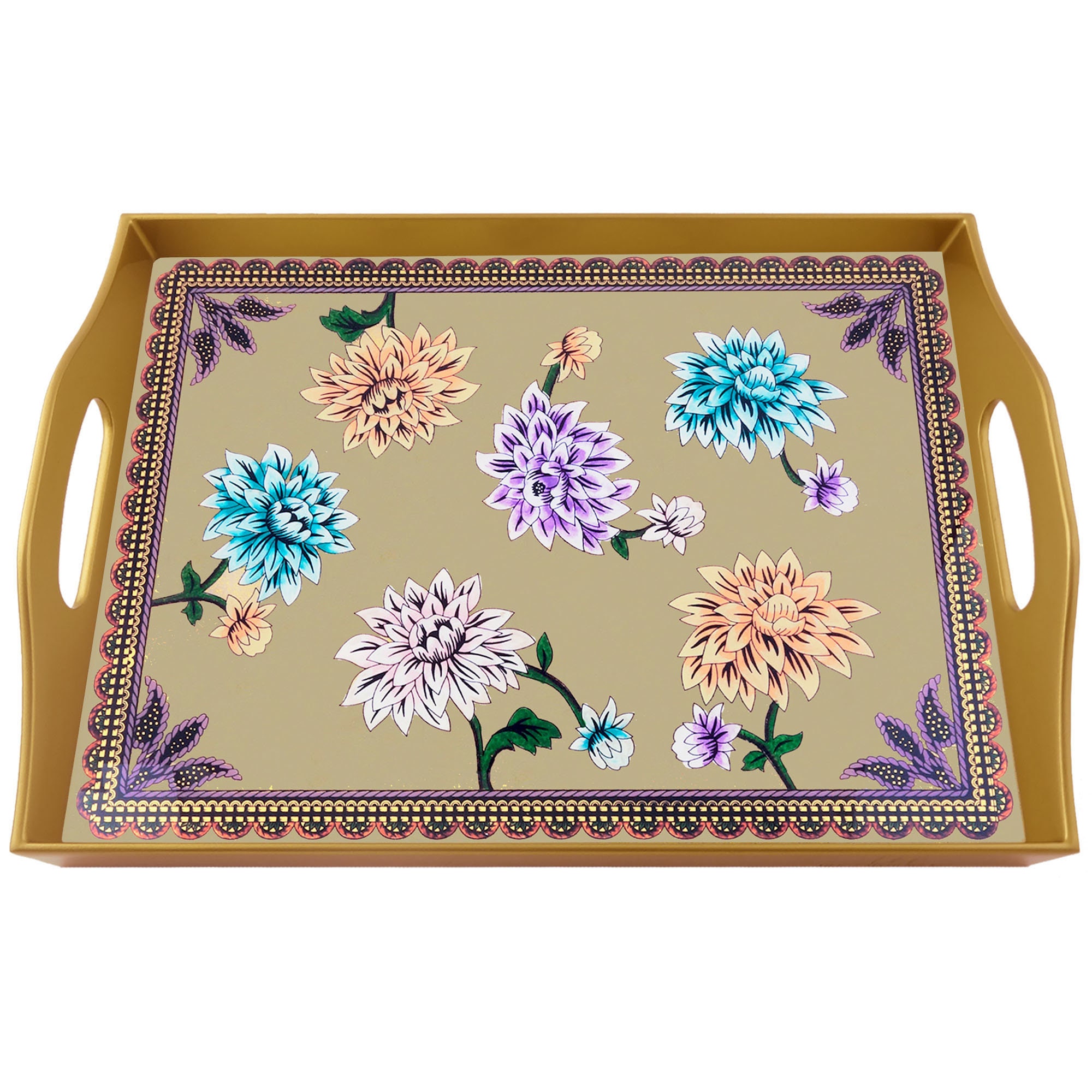 Plateau Carré - Grandes Fleurs de Lys Multicolores Plateau Rectangulaire en Fixé Sous Verre avec Str