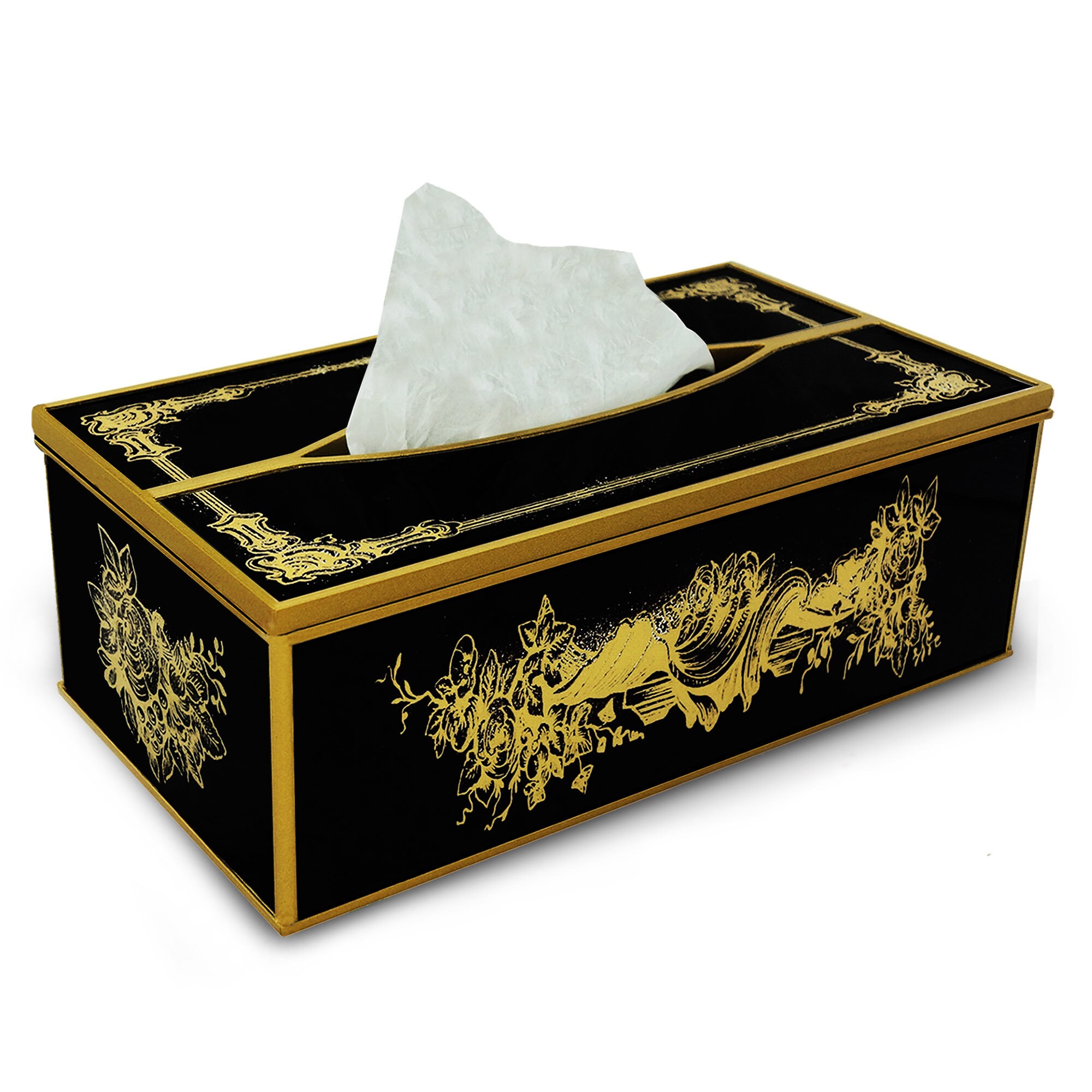 Boite à Kleenex - Fleurs Dorées sur Fond Noir Classique Boîte à Pour Salle de Bains ou Salon Peinte 