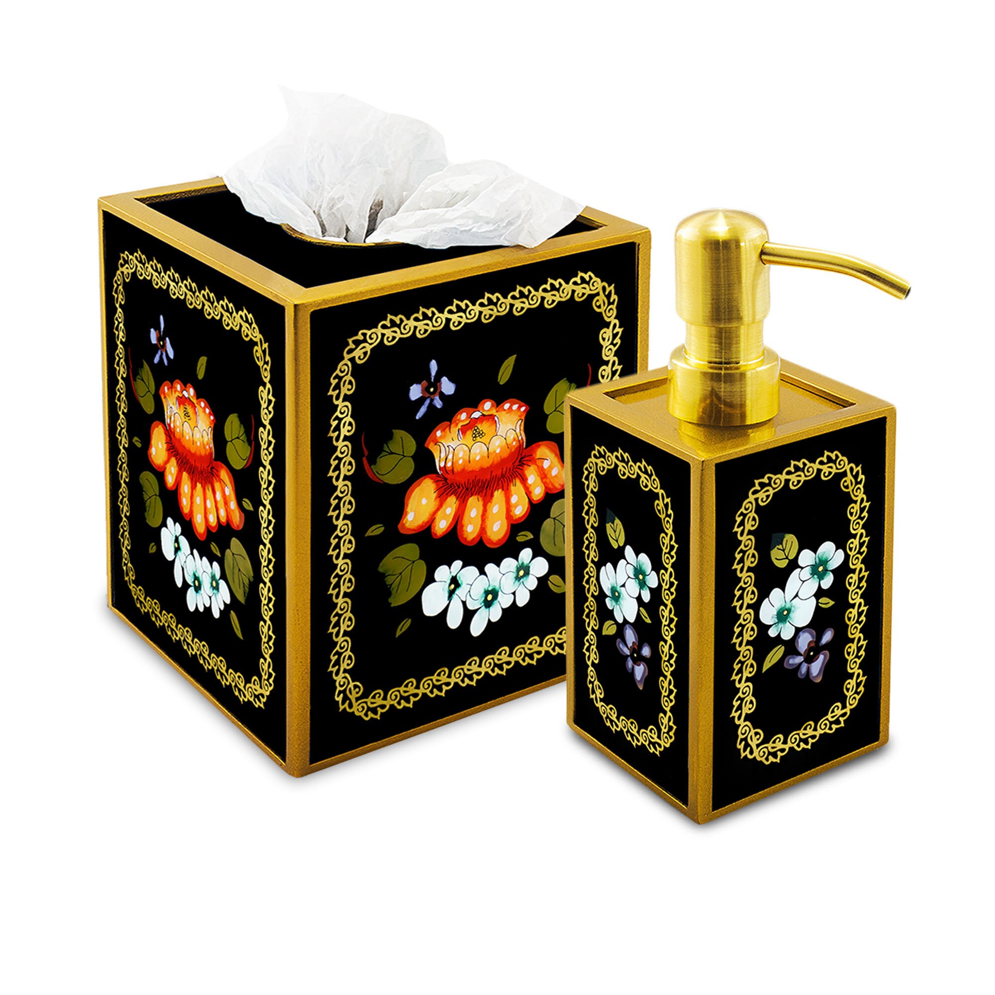 Set Pour Salle de Bains - Design Traditionnel Russe avec Fleurs Ensemble Bains Cache à Mouchoirs et 