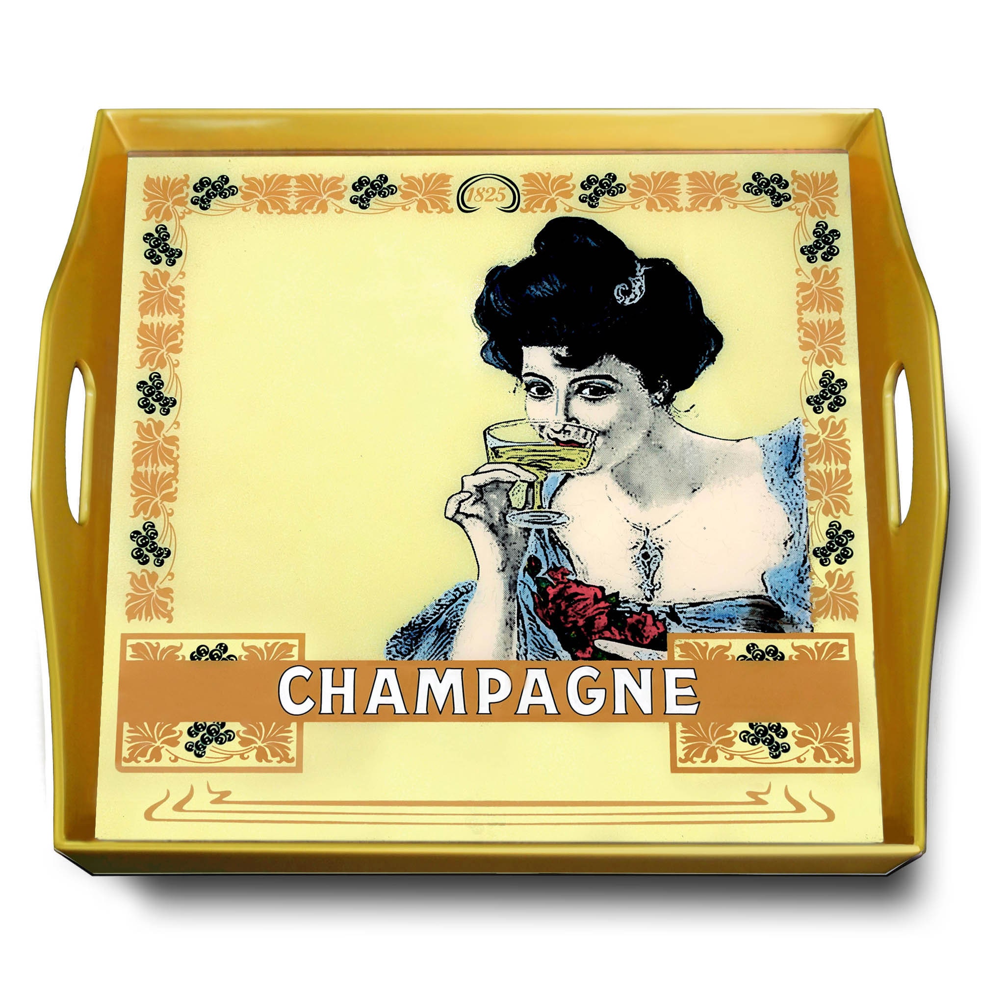 Plateau en Bois - Femme Buvant Une Coupe de Champagne Plateau Carré en Fixé Sous Verre avec Structur