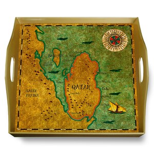 Qatar Glass Tray - Old Map Qatar Arab Sea - Square Hand Painted Glass Tray - Elegant Personalized Tray - Gold Aluminum Frame