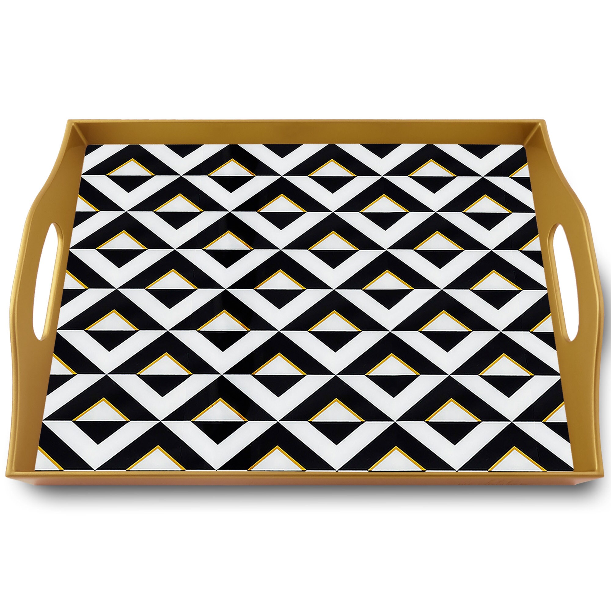 Plateau sur Pied - Triangles Blancs et Noirs avec Ligne Dorée Plateau Rectangulaire en Fixé Sous Ver