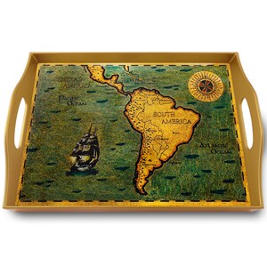 Plateau en verre - Carte ancienne d'Amérique Latine - Plateau rectangulaire en fixé sous verre avec structure d'aluminium