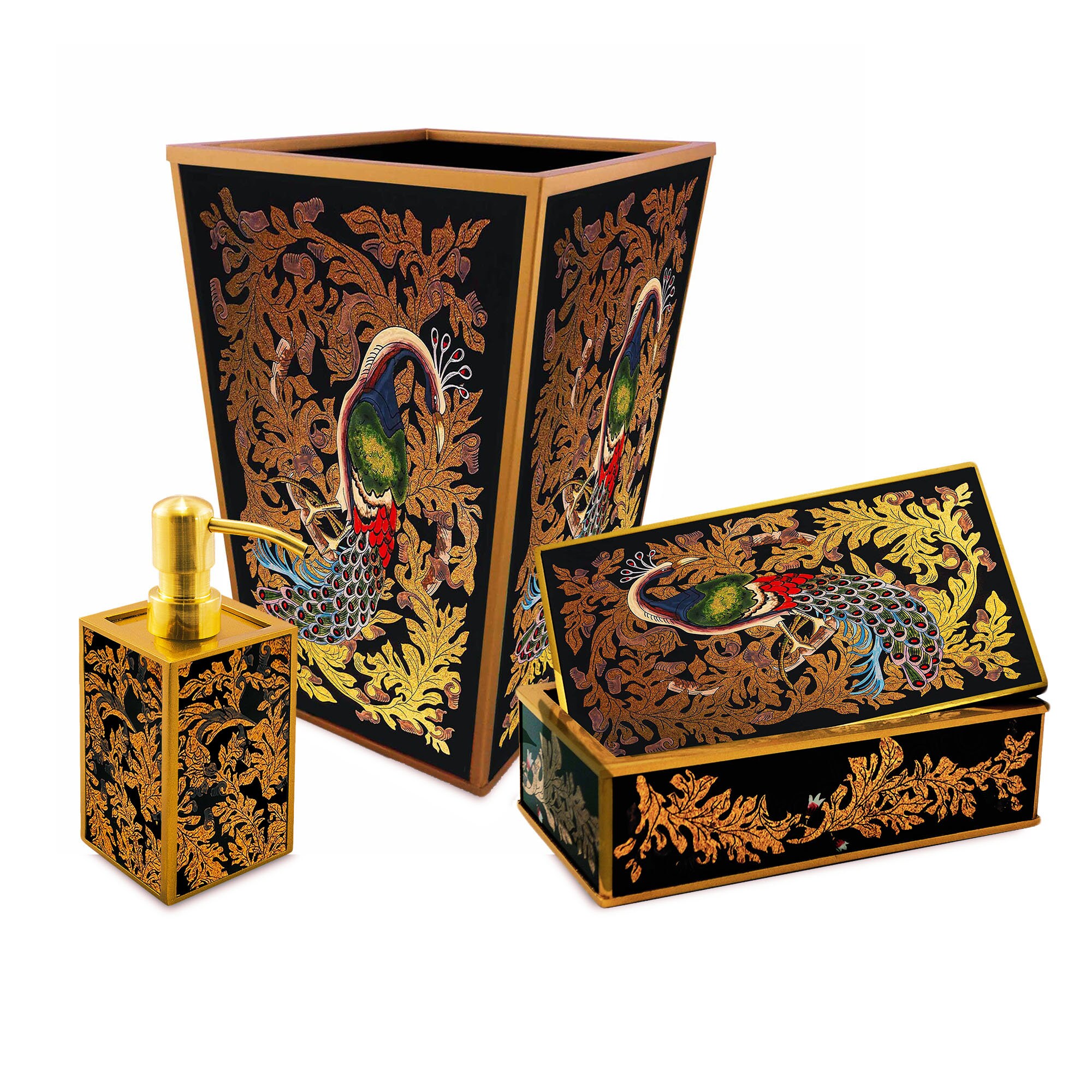 Set Pour Salle de Bains - Paon avec Feuilles Dorées et Fond Noir Ensemble Bains Poubelle, Coffret Di
