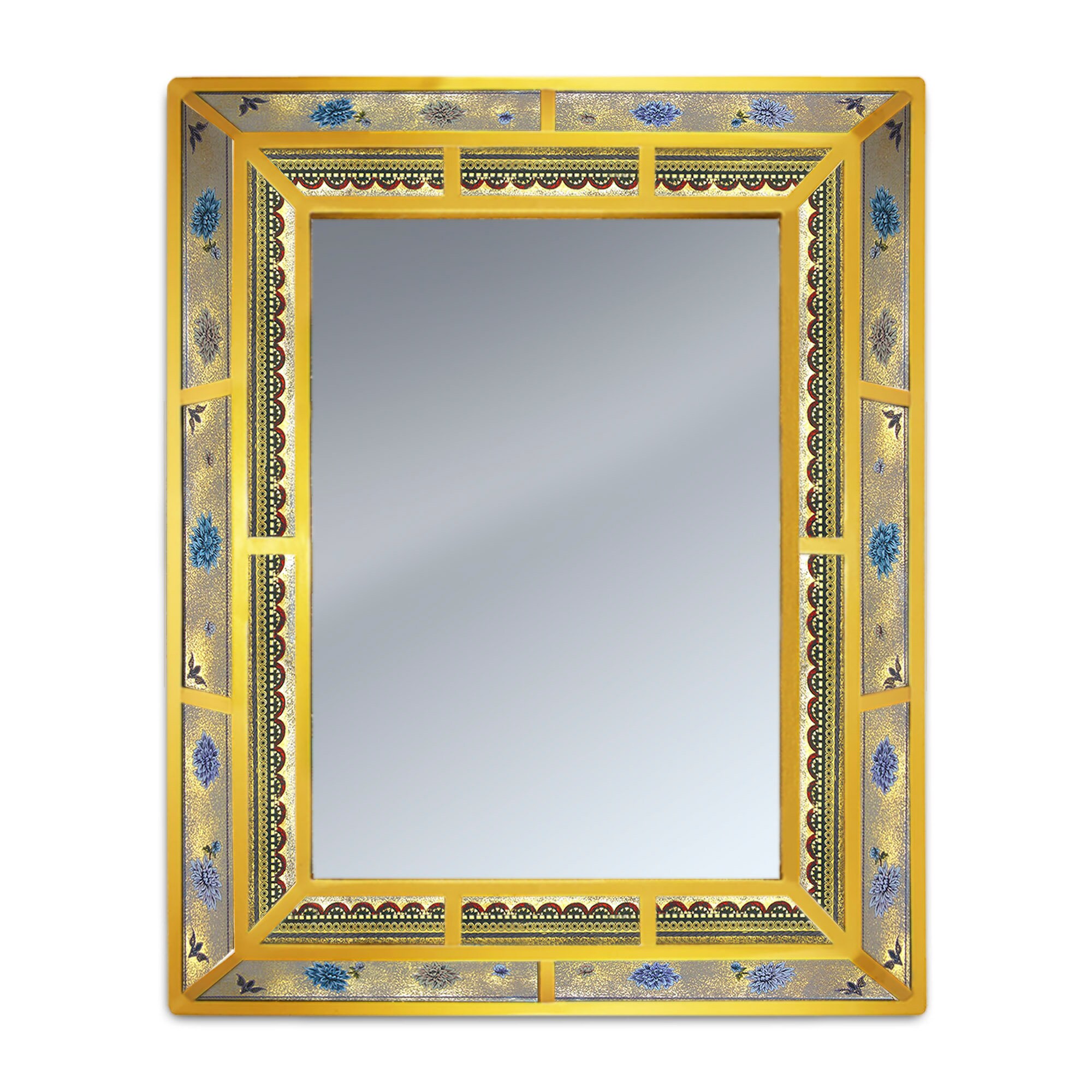 Miroir en Fixé Sous Verre - Grandes Fleurs de Lys Multicolores Mirror Double Cadre Relief