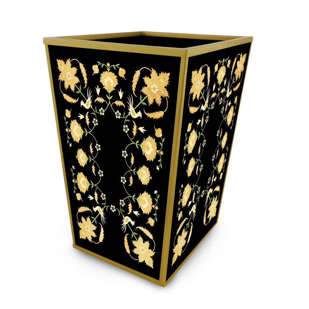 Bathroom Trash Bin Gold Leaves With Black Background Handmade ...