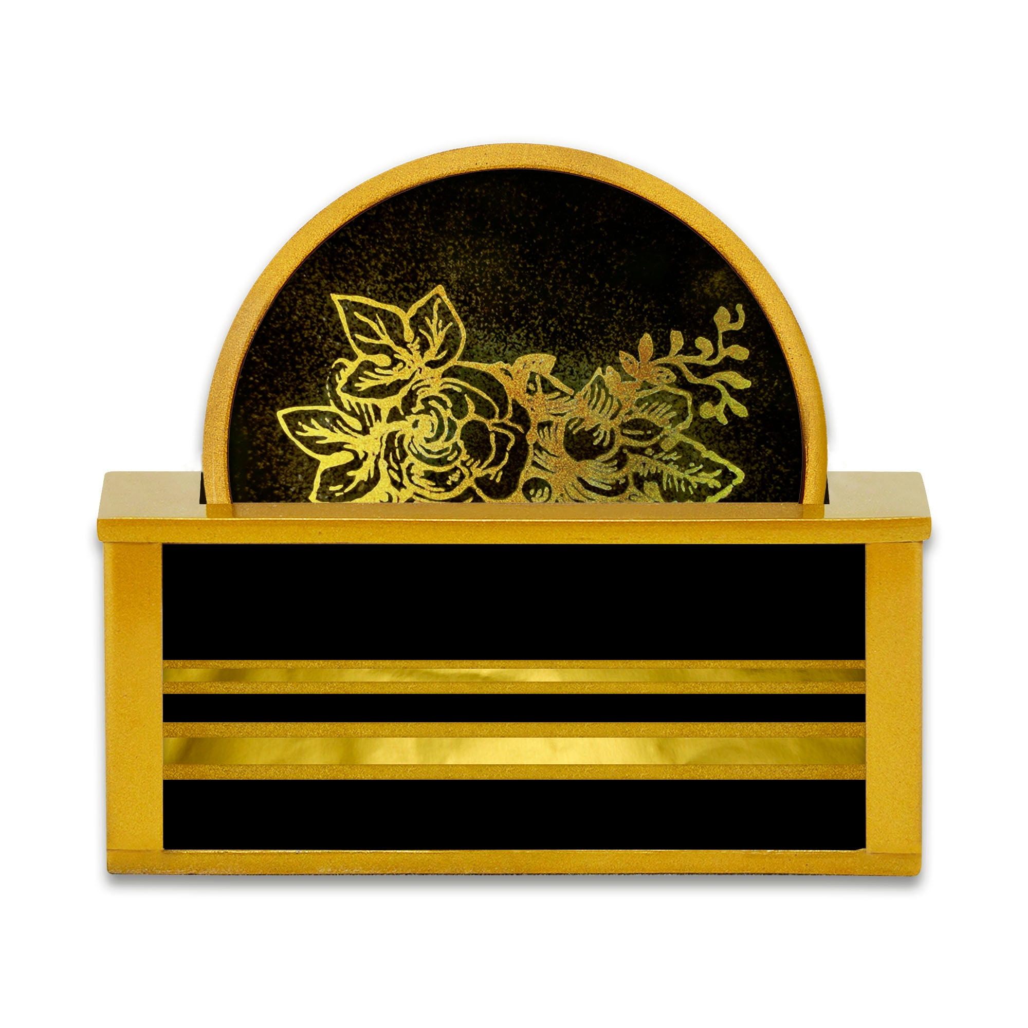 Sous Bock X 4 - Fleurs Dorées sur Fond Noir Classique Jeu de Sous Verre