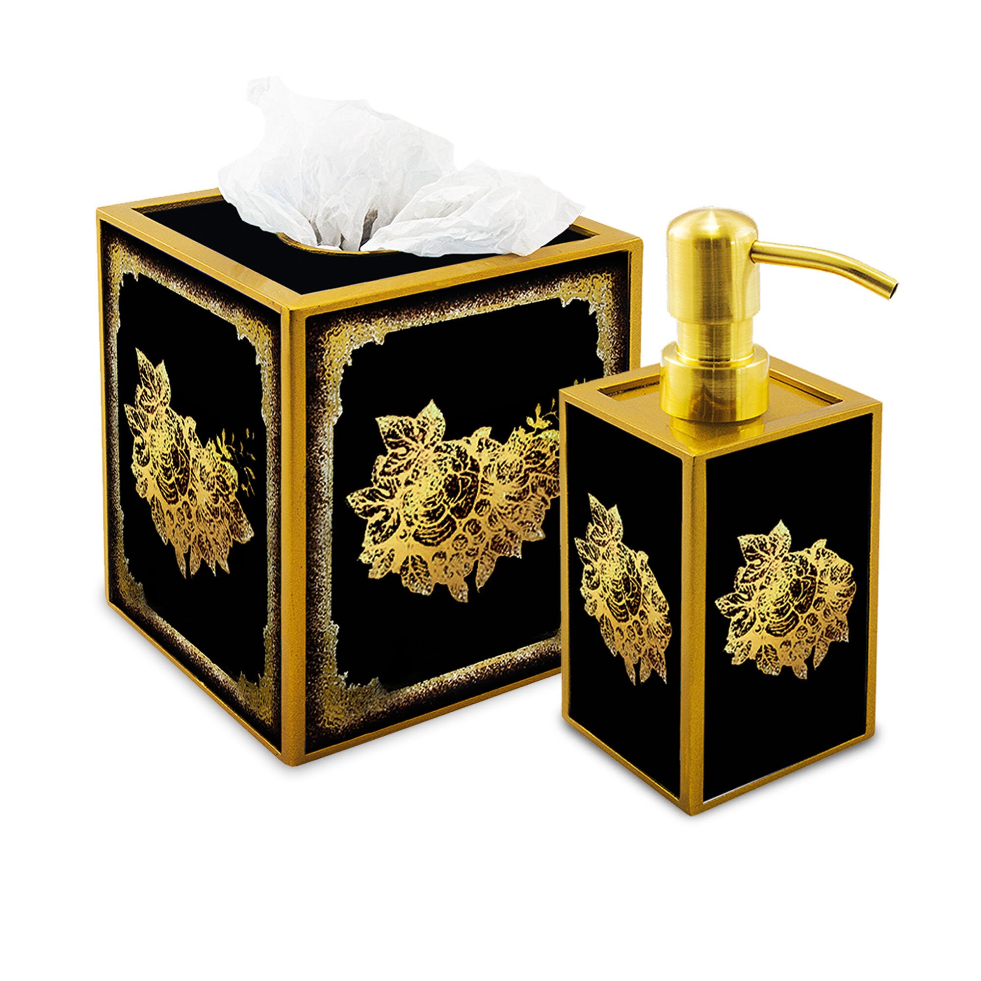 Set Pour Salle de Bains - Fleurs Dorées sur Fond Noir Classique Ensemble Bains Cache à Mouchoirs et 