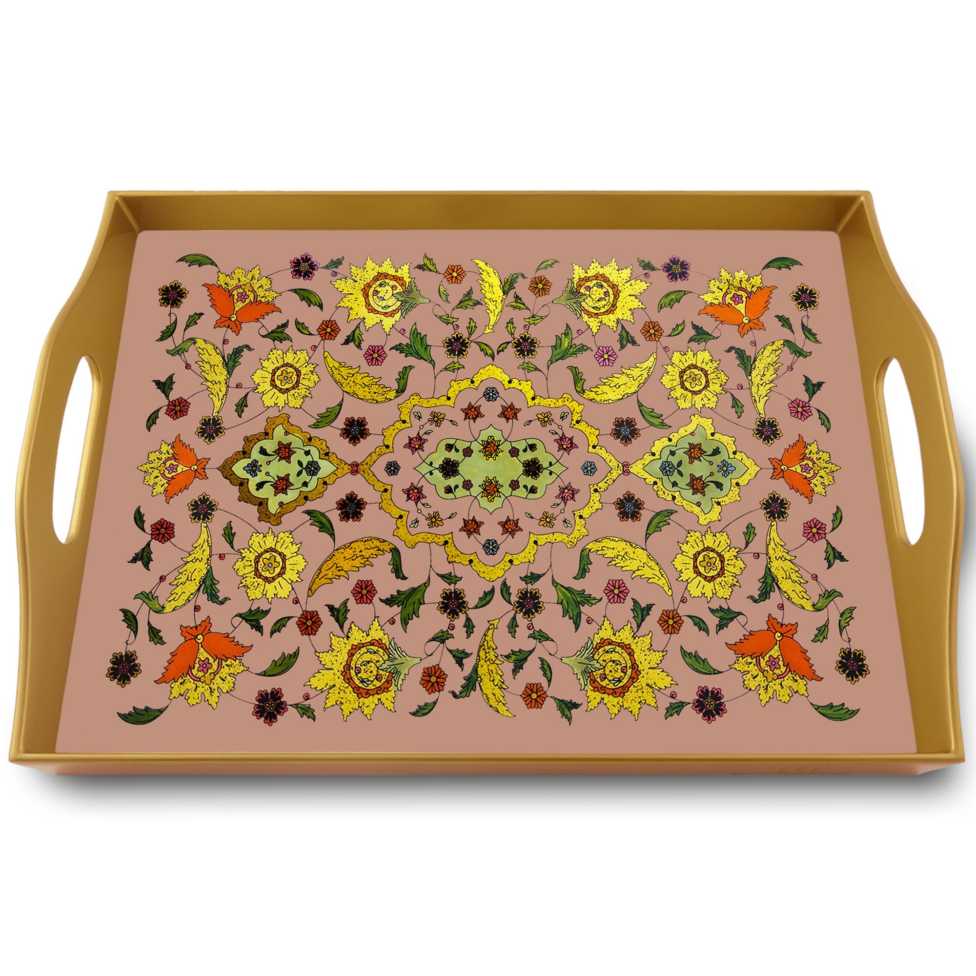 Plateau Apéritif - Feuilles de Houx Dorées sur Fond Vieux Rose Plateau Rectangulaire en Fixé Sous Ve