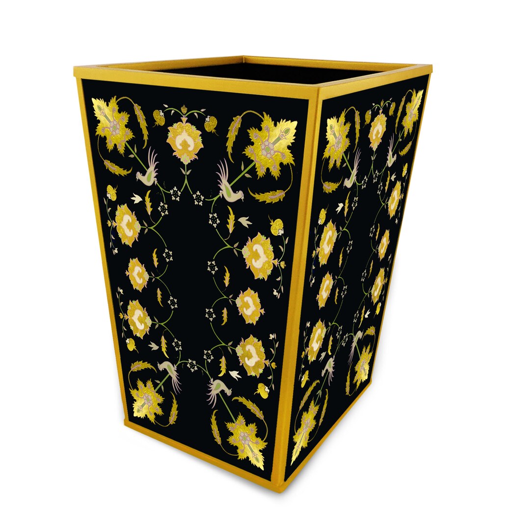 Bathroom Trash Bin Gold Leaves With Black Background Handmade