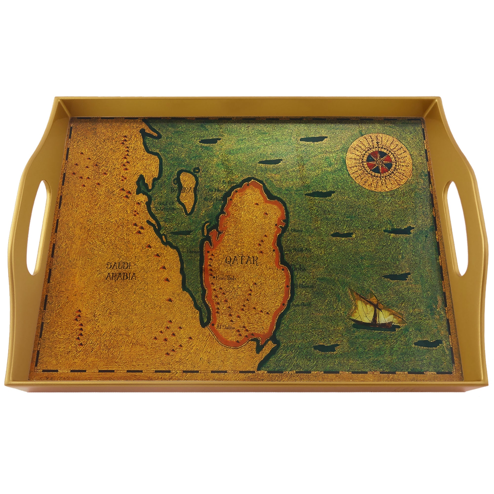 Bandeja Para Café - Mapa Antiguo de Qatar Bandeja Cuadrada Vidrio Pintado A Mano Con Marco Aluminio