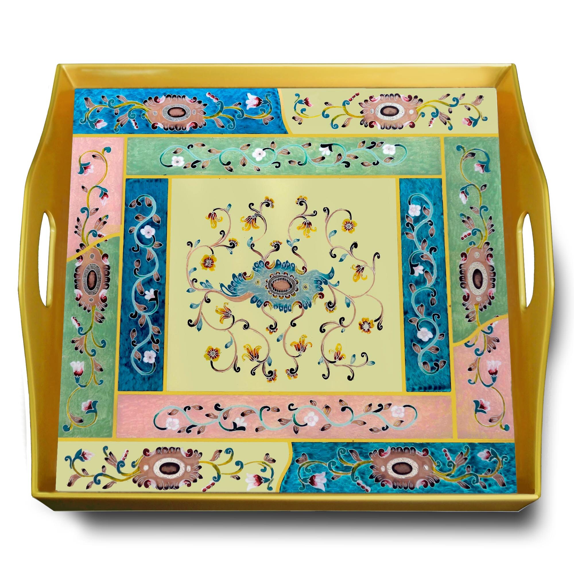 Plateau Carré - Bandes de Petites Fleurs Pastel Plateau Carré en Fixé Sous Verre avec Structure d'al