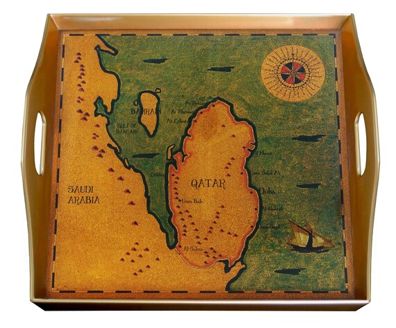 Tray With Handles Old Map Qatar Arab Sea Square Hand Etsy
