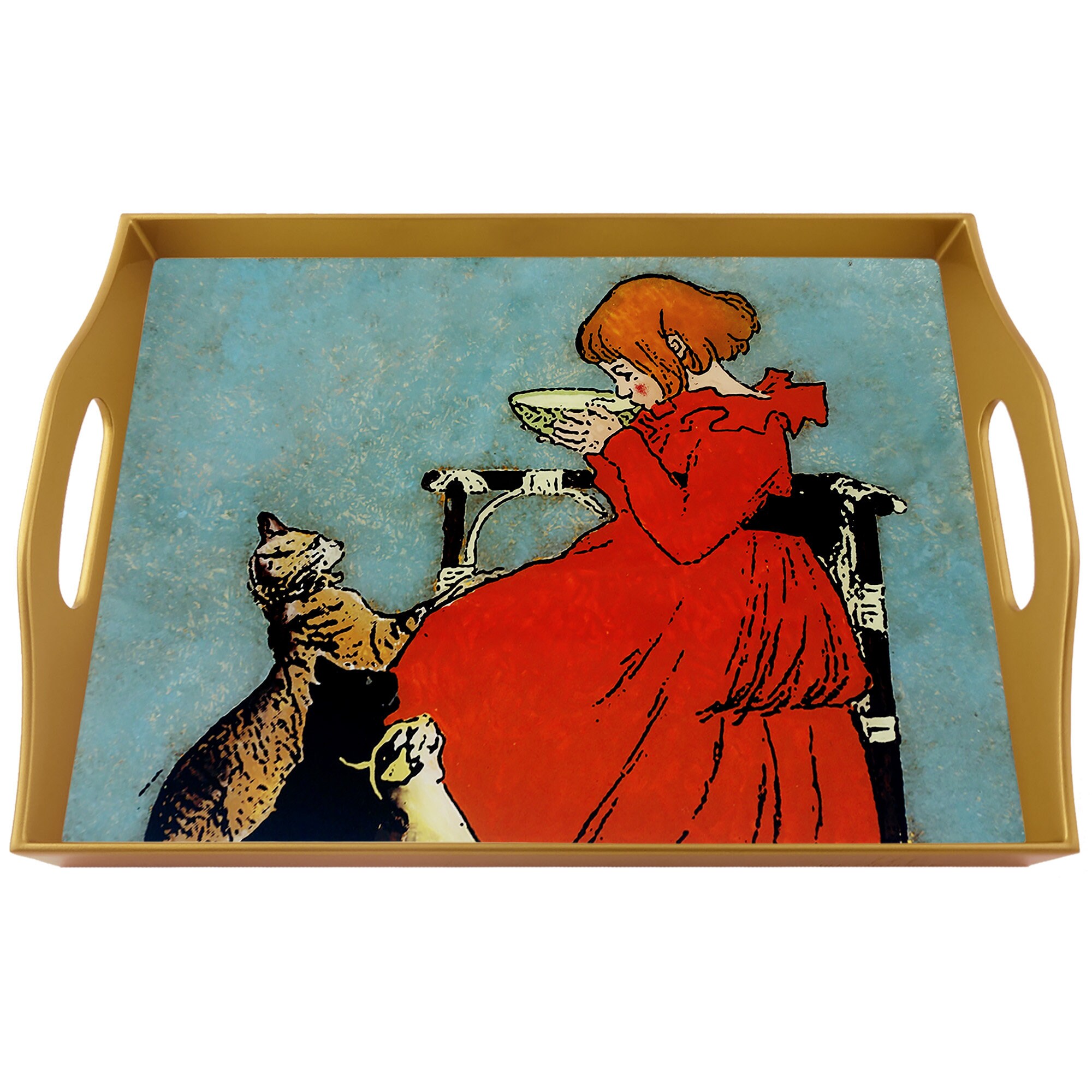 Plateau sur Pied - Jeune Fille Buvant Du Lait avec Chats Plateau Rectangulaire en Fixé Sous Verre St